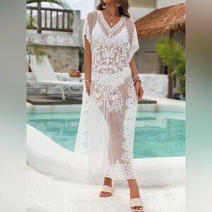 Sheer White Floral Lace Beach Cover-Up Dress - Women Swim
